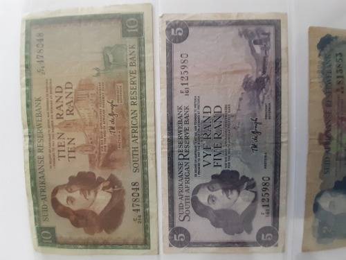 TW de Jongh Set of R1, R2, R5 and R10 South African Banknotes